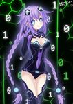  black_background blue_eyes blush braid breasts cleavage hair_ornament highres honeycomb_(pattern) honeycomb_background large_breasts leotard long_hair looking_at_viewer neptune_(series) number purple_hair purple_heart signature smile solo symbol-shaped_pupils thighhighs twin_braids v very_long_hair weresdrim 