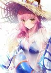  animal_ears bangs bikini blue_bikini blush breasts ears_through_headwear eyebrows_visible_through_hair fate/grand_order fate_(series) fox_ears hair_between_eyes hair_down hat highres innertube long_hair looking_at_viewer medium_breasts parted_lips pink_hair see-through shirt solo straw_hat sun_hat swimsuit t-shirt tamamo_(fate)_(all) tamamo_no_mae_(fate) tamamo_no_mae_(swimsuit_lancer)_(fate) tr_(hareru) upper_body water_drop wet wet_clothes wet_shirt wet_t-shirt yellow_eyes 