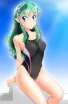  absurdres black_swimsuit blue_eyes competition_swimsuit gradient gradient_background green_hair highres horns long_hair lum nanao_futaba one-piece_swimsuit pointy_ears sitting solo starting_block swimsuit urusei_yatsura wet wet_clothes wet_swimsuit 