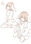  animal_ears between_legs blush bunny_ears bunny_tail carrot_necklace dress flat_chest hand_between_legs hands_together heart inaba_tewi looking_at_viewer monochrome multiple_views sepia short_hair short_sleeves simple_background sitting sketch smile spoken_heart tail thighhighs tongue tongue_out touhou wariza white_background xialuluo_(sharuro) 