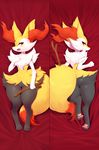  3_fingers anthro bed black_fur braixen dakimakura_design fangs fur hand_on_chest looking_at_viewer nintendo open_mouth pawpads pok&eacute;mon red_eyes red_fur stick video_games white-castle white_fur yellow_fur 