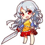  bare_shoulders barefoot blouse blush_stickers breasts chibi cleaver detached_sleeves full_body long_hair looking_at_viewer lowres medium_breasts open_mouth red_eyes renren_(ah_renren) sakata_nemuno silver_hair simple_background single_strap skirt solo touhou wavy_hair white_background 