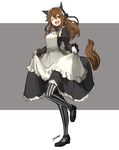  ;d animal_ears artist_name ascot brown_hair full_body juliet_sleeves lansane long_hair long_sleeves looking_at_viewer maid maid_headdress one_eye_closed open_mouth original puffy_sleeves sharp_teeth shoes skirt_hold smile solo striped striped_legwear tail teeth thighhighs tsana_(lansane) vertical-striped_legwear vertical_stripes wolf_ears wolf_tail 