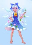  barefoot blouse blue_background blue_eyes blue_hair bow cirno dark_skin dress error fang flower full_body hair_bow hand_on_hip hidden_star_in_four_seasons highres ice ice_wings looking_at_viewer open_mouth plant ribbon short_hair simple_background smile solo standing sunflower tan tanned_cirno tomas_bobo touhou vines wings wrong_feet 