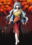  autumn_leaves barefoot blood bloody_weapon blouse breasts cleaver clenched_hand detached_sleeves highres large_breasts long_hair looking_at_viewer open_mouth red_eyes sakata_nemuno silver_hair single_strap skirt smile solo touhou tree very_long_hair wavy_hair weapon zioase 