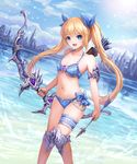  aqua_eyes armor arrow bangs bare_shoulders bikini bikini_armor blonde_hair blue_bikini blue_bow blue_sky bow bow_(weapon) breasts building chain cloud day eyebrows eyebrows_visible_through_hair garters highres holding holding_arrow holding_bow_(weapon) holding_weapon long_hair looking_at_viewer lunacle navel o-ring o-ring_top open_mouth original outdoors sky small_breasts solo swimsuit twintails weapon 