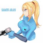  &gt;:( bangs blonde_hair blue_bodysuit blue_eyes bodysuit breasts character_name closed_mouth cropped_torso emblem finger_on_trigger from_side frown gloves gun hair_between_eyes hair_tie handgun hands_together high_ponytail long_hair looking_to_the_side medium_breasts metroid metroid:_zero_mission mole mole_under_mouth paralyzer ponytail profile ru_(16857772) samus_aran serious sidelocks simple_background skin_tight solo straight_hair turtleneck upper_body v-shaped_eyebrows weapon white_background zero_suit 
