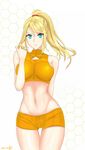  2017 bare_shoulders blonde_hair blue_eyes blush breasts dated highres large_breasts long_hair looking_at_viewer metroid mole mole_under_mouth navel ponytail ru_(16857772) samus_aran shorts simple_background solo 