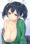  blue_hair breasts clothes_down collarbone colorized commentary_request green_eyes hair_between_eyes hair_ribbon hakama highres japanese_clothes kantai_collection large_breasts looking_at_viewer off_shoulder ribbon shiny shiny_skin smile solo souryuu_(kantai_collection) twintails upper_body white_ribbon yurizuka_(sergeant_heart) 