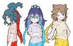  2boys brown_hair cowboy_shot crossed_arms dirty fubukihime geusaeng green_eyes green_hair high_ponytail kyuubi_(youkai_watch) looking_at_viewer multiple_boys one_eye_closed orochi_(youkai_watch) personification purple_hair simple_background smile white_background yellow_eyes youkai_watch 