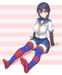  :o arm_support black_hair breasts commentary_request feet full_body hair_tubes horizontal-striped_background komori-san_wa_kotowarenai! komori_shuri large_breasts looking_at_viewer no_shoes pleated_skirt red_eyes school_uniform serafuku sitting skirt solo striped striped_legwear thighhighs undershirt yuuji_(and) 