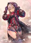  adjusting_hood artoria_pendragon_(all) blue_gloves blue_legwear blurry blush breastplate coat commentary_request cowboy_shot depth_of_field eyebrows_visible_through_hair fate/grand_order fate_(series) garter_straps gloves grey_leotard hair_between_eyes hands_up highres hood hood_up hooded_coat hoshizaki_reita leotard looking_at_viewer mysterious_heroine_x_(alter) open_clothes open_coat parted_lips petals sidelocks signature silver_hair solo standing thighhighs thighs yellow_eyes 