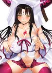  bare_shoulders black_hair breasts facial_mark fate/extra fate/extra_ccc fate_(series) forehead_mark highres horns large_breasts long_hair no_panties saliva sesshouin_kiara solo sweat thighhighs tomohiro_kai yellow_eyes 