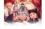  2girls animal_ears animal_hood blonde_hair blue_eyes casual cat_hood cup food granblue_fantasy heles hood jewelry minaba_hideo multiple_boys multiple_girls naoise necklace official_art red_eyes scathacha_(granblue_fantasy) seruel shorts silver_hair teacup tiered_tray 