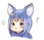  1girl :&lt; animal_ears bangs blue_hair blush braid closed_mouth commentary_request eyebrows_visible_through_hair facial_mark final_fantasy final_fantasy_xiv lalafell long_hair looking_at_viewer midorikawa_you pointy_ears purple_eyes side_braid single_braid solo v-shaped_eyebrows 