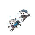  2boys blue_hair butterfly cane cape chibi coat fate/grand_order fate_(series) gloves grey_hair james_moriarty_(fate/grand_order) multiple_boys mustache pants sherlock_holmes_(fate/grand_order) shoes short_hair 