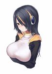  :/ bad_id bad_pixiv_id black_hair blush breasts closed_mouth emperor_penguin_(kemono_friends) from_side hair_over_one_eye headphones highres kemono_friends large_breasts long_hair looking_away multicolored_hair nose_blush orange_hair shou_xun_bu_liang simple_background solo streaked_hair turtleneck upper_body white_background yellow_eyes 