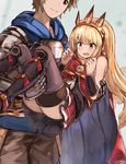  1girl bangs black_legwear blonde_hair boots bracer cagliostro_(granblue_fantasy) cape carrying crown fighter_(granblue_fantasy) gran_(granblue_fantasy) granblue_fantasy long_hair okitsugu open_mouth princess_carry skirt 