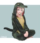  akira_(aristole) alligator alligator_costume alternate_costume animal_costume bangs blue_eyes cosplay crocodilian dated full_body girls_und_panzer indian_style itsumi_erika kigurumi long_hair looking_at_viewer open_mouth silver_hair sitting solo sweatdrop 