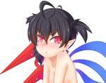  :t alternate_hairstyle asymmetrical_wings black_hair blush breasts commentary hair_between_eyes houjuu_nue long_hair nude nuenya pointy_ears pout red_eyes short_twintails small_breasts solo touhou twintails upper_body v-shaped_eyebrows white_background wings 