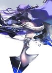  armor armored_boots blue_eyes boots fate/extra fate/extra_ccc fate_(series) flying_kick hair_over_one_eye hair_ribbon highres karlwolf kicking leg_up long_hair looking_at_viewer meltlilith navel purple_hair revealing_clothes ribbon solo 