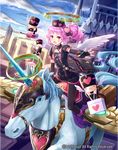  bag black_spark_munkar cardfight!!_vanguard copyright curly_hair day feathered_wings fingerless_gloves gloves hair_ornament hat heart heart_hair_ornament long_hair mechanical_halo official_art open_mouth pink_hair red_eyes side_ponytail sky solo syringe tadokoro_teppei teeth unicorn wings 