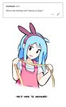  1girl bare_arms blue_hair bow child dress hairband measuring_tape open_mouth original simx smile solo speech_bubble teasing white_background white_skin zoey 