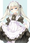  black_ribbon blue_eyes blush commentary_request eyebrows_visible_through_hair fate/grand_order fate_(series) highres juliet_sleeves long_hair long_sleeves looking_at_viewer maid maid_headdress marie_antoinette_(fate/grand_order) narusegawa_riko pantyhose puffy_sleeves ribbon silver_hair smile solo twintails 