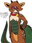  2017 alligator ambiguous_gender anthro bell bite_(character) brown_fur cervine claws collar crocodilian deer flat_colors fur half-closed_eyes hooves horn ltcabbitsu mammal red_eyes reptile scales scalie signature simple_background smile tan_fur white_background white_fur 
