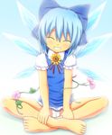  :d bangs bare_legs barefoot blue_background blue_bow blue_dress blue_hair blush bow cameltoe cirno closed_eyes commentary_request crossed_ankles detached_wings dress eyebrows_visible_through_hair facing_viewer feet flower frilled_sleeves frills full_body gradient gradient_background grin hair_bow hands_on_legs head_tilt ice ice_wings indian_style mofupaka open_mouth panties pantyshot pantyshot_(sitting) pinafore_dress plant puffy_short_sleeves puffy_sleeves red_ribbon ribbon short_dress short_hair short_sleeves sitting smile solo sunflower tanned_cirno teeth toes touhou underwear upskirt vines white_panties wings 