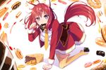  ahoge amairo_islenauts bag blush doughnut eating eyebrows_visible_through_hair food food_in_mouth hair_ornament highres looking_at_viewer masaki_gaillard necktie orange_neckwear paper_bag paw_pose pot-palm purple_eyes red_hair short_hair solo tail thighhighs x_hair_ornament yellow_legwear 