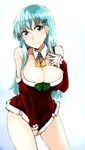  blue_eyes blue_hair breasts christmas_tree_hair_ornament cleavage cosaten detached_collar detached_sleeves dress dress_tug fur_trim hair_ornament hair_twirling kantai_collection large_breasts long_hair looking_at_viewer smile solo suzuya_(kantai_collection) 