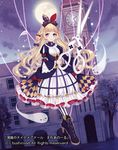  blonde_hair boots bow braid cardfight!!_vanguard choco_holic clock clock_tower company_name doll doll_joints ghost long_hair moon night night_sky nightmare_doll_of_the_abyss_eleanore official_art pantyhose scissors sky solo sparkle star_(sky) tower tree 