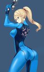  arched_back ass blonde_hair blue_background blue_bodysuit blue_eyes bodysuit breasts cowboy_shot emblem from_side gloves gun hair_between_eyes hair_tie handgun hands_together hands_up high_ponytail holding holding_gun holding_weapon legs_apart long_hair looking_at_viewer looking_back medium_breasts metroid mole mole_under_mouth paralyzer parted_lips perky_breasts ponytail profile ru_(16857772) samus_aran shiny shiny_clothes sidelocks simple_background skin_tight solo standing stun_gun super_smash_bros. trigger_discipline turtleneck weapon zero_suit 