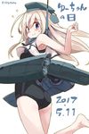  2017 antennae armpits ass bangs bare_legs bare_shoulders barefoot black_swimsuit blonde_hair blue_eyes blue_hat blush character_name clothes_writing collar crop_top embarrassed eyebrows_visible_through_hair flying_sweatdrops from_behind garrison_cap hat kantai_collection leg_up long_hair looking_back machinery one-piece_swimsuit running school_swimsuit simple_background sleeveless solo suka sweat swimsuit swimsuit_under_clothes tareme thighs translated twitter_username u-511_(kantai_collection) white_background 