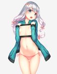  :o aqua_jacket bangs blue_eyes blush bow breasts collarbone commentary_request covering cowboy_shot drawing_tablet eromanga_sensei eyebrows_visible_through_hair gradient gradient_background grey_background hair_bow head_tilt holding izumi_sagiri jacket long_hair long_sleeves low-tied_long_hair munuu navel open_clothes open_jacket open_mouth panties pink_bow pink_hair pink_panties pocket raised_eyebrows side-tie_panties silver_hair simple_background small_breasts solo standing stomach tablet teardrop tearing_up thigh_gap thighs track_jacket underwear very_long_hair 