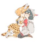  animal_ears backpack bag cheek_licking commentary face_licking hat helmet hug kaban_(kemono_friends) kemono_friends licking mitsumoto_jouji multiple_girls pantyhose pith_helmet serval_(kemono_friends) serval_ears serval_print serval_tail smile tail yuri 