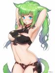  absurdres animal_ears aqua_eyes armor armpits arms_up bangs bibiko bikini_armor breasts cowboy_shot facial_mark final_fantasy final_fantasy_xiv green_hair highres large_breasts long_hair miqo'te mouth_hold navel simple_background solo tail twintails tying_hair white_background 