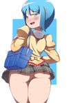  1girl ass bag blue_hair blush butt_crack clothed curvy from_behind gluteal_fold inviting looking_back mahou_shoujo_madoka_magica miki_sayaka naughty_face no_panties skirt smile sweat tease thick thick_thighs thighs upskirt wide_hips 