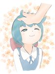  blue_hair blue_neckwear blue_ribbon bow constanze_amalie_von_braunschbank-albrechtsberger floral_background green_eyes hair_bow highres little_witch_academia luna_nova_school_uniform neck_ribbon one_eye_closed petting red_bow ribbon smile thick_eyebrows upper_body vin08 wing_collar 