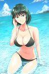  beach bikini black_bikini breasts collarbone commentary_request day fubuki_(one-punch_man) green_eyes green_hair hand_on_own_face large_breasts mamiya_myanmar navel one-punch_man outdoors partially_submerged sitting smile solo swimsuit water 