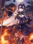  asato_(fadeless) black_gloves breasts chain cleavage fate/grand_order fate_(series) flag gauntlets gloves greaves grey_hair helmet highres holding holding_sword holding_weapon jeanne_d'arc_(alter)_(fate) jeanne_d'arc_(fate)_(all) large_breasts long_hair looking_at_viewer solo sword very_long_hair weapon yellow_eyes 