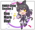  black_hair blake_belladonna boots bow cat_tail chibi commentary_request eighth_note english fang hair_bow iesupa instrument long_hair musical_note one_eye_closed pantyhose paw_print rwby rwby_chibi solo tail tambourine yellow_eyes 