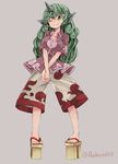  ;) aioi_aoi animal_ears breasts cleavage closed_mouth cloud_print collared_shirt commentary_request curly_hair fang_out full_body geta green_eyes green_hair horn kariyushi_shirt komano_aun large_breasts long_hair looking_at_viewer one_eye_closed platform_footwear shirt short_sleeves shorts simple_background smile solo touhou twitter_username v_arms 