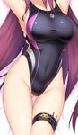  arm_up armpits ass_visible_through_thighs bare_legs bare_shoulders bed_sheet breasts competition_swimsuit covered_navel dagger fate/grand_order fate_(series) groin harukon_(halcon) head_out_of_frame kunai large_breasts long_hair lying on_back one-piece_swimsuit purple_hair scathach_(fate)_(all) scathach_(fate/grand_order) shiny shiny_skin skindentation solo swimsuit thigh_gap thigh_strap thighs very_long_hair weapon 