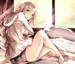  ass bangs bare_legs barefoot black_bra black_eyes black_panties blonde_hair bra braid breasts commentary_request fate/apocrypha fate_(series) from_side jeanne_d'arc_(fate) jeanne_d'arc_(fate)_(all) long_hair long_sleeves looking_at_viewer looking_to_the_side medium_breasts on_bed open_clothes open_shirt panties shirt single_braid solo sunlight underwear venomrobo very_long_hair white_shirt 