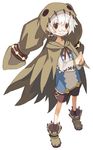  brown_cape brown_eyes brown_shorts cape closed_mouth disgaea earrings full_body glasses harada_takehito hood jewelry looking_at_viewer male_focus official_art pince-nez pointy_ears shirt shoes shorts skull_(disgaea) smile solo standing white_background white_hair 