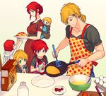  3girls apron babywearing blue_eyes braid cereal child chuu cooking family food french_braid gradient gradient_background green_background green_eyes hair_ornament hairclip if_they_mated jaune_arc ketchup light_smile multiple_boys multiple_girls omelet polka_dot polka_dot_apron pregnant pyrrha_nikos rwby simple_background smile spoon tan_background teeth 