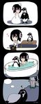  4koma :&gt; apron bathing bathtub bird black_bow black_hair black_neckwear blush bow bowl bowtie breasts bride brown_eyes cardboard_stand chibi closed_eyes closed_mouth collarbone comic commentary cooking dreaming dress elbow_gloves fire food frilled_apron frills frying_pan gloves grape-kun groom headphones heart highres holding holding_hands holding_towel humboldt_penguin humboldt_penguin_(kemono_friends) kemono_friends lying medium_breasts multicolored_hair naked_apron nude on_back partially_submerged penguin pink_hair profile qin ripples rock rubber_duck silent_comic sitting sleeping sleeveless sleeveless_dress smile standing strapless strapless_dress table towel tuxedo twitter_username two-tone_hair wedding_dress white_dress white_gloves zzz 