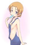  1girl blue_eyes blush breasts girls_und_panzer nagarakawa_shiraku no_bra orange_hair orange_pekoe overalls popsicle sideboob small_breasts solo 